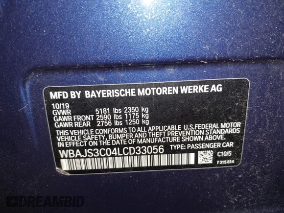 2020 BMW 5 Series 540i xDrive with VIN WBAJS3C04LCD33056, listed as a IAAI auction lot 41410064 with 71,332 mi miles and . Bid and sale history available at DreamBid. Image 9.