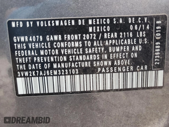 2014 Volkswagen Jetta Sedan S with VIN 3VW2K7AJ6EM323103, listed as a Copart auction lot 50752035 with 132,650 mi miles and Clean Title. Bid and sale history available at carsss.com. Image 12.