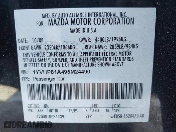 2009 Mazda 6 i Sport with VIN 1YVHP81A495M24490, listed as a IAAI auction lot 41253311 with 106,043 mi miles and . Bid and sale history available at carsss.com. Image 9.