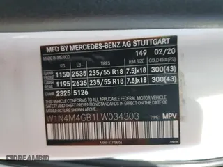 2020 Mercedes-Benz GLB with VIN W1N4M4GB1LW034303, listed as a Copart auction lot 49354325 with 43,274 mi miles and Salvage Title. Bid and sale history available at carsss.com. Image 14.