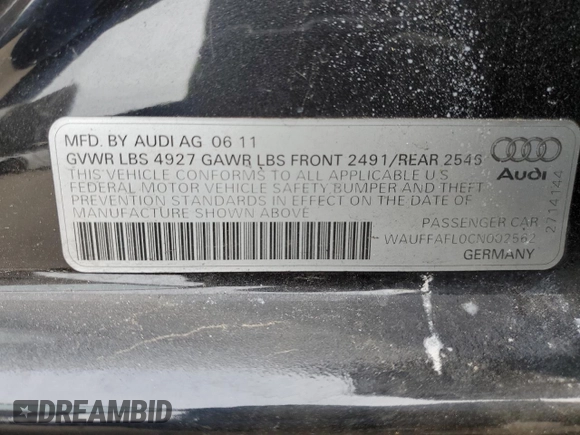 2012 Audi A4 2.0T Premium Plus with VIN WAUFFAFL0CN002562, listed as a Copart auction lot 50195465 with 0 mi miles and Salvage Title. Bid and sale history available at carsss.com. Image 15.