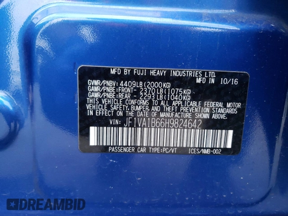 2017 Subaru WRX with VIN JF1VA1B66H9824642, listed as a Copart auction lot 37535783 with 66,238 mi miles. Bid and sale history available at carsss.com. Image 14.