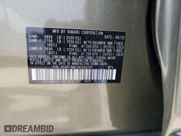 2022 Subaru Outback Limited z VIN 4S4BTAMC7N3250282, wystawiony jako Copart lot #48425215 z przebiegiem 24 540 mil mil oraz Szkoda całkowita • Salvage title. Historia ofert i sprzedaży dostępna na DreamBid. Obrazek 14.