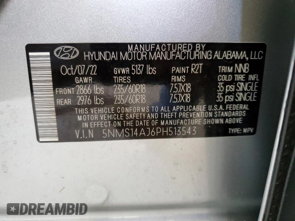 2023 Hyundai Santa Fe SE z VIN 5NMS14AJ6PH513543, wystawiony jako Copart lot #40357943 z przebiegiem 4 197 mil mil oraz Nie do naprawy • Non repairable. Historia ofert i sprzedaży dostępna na DreamBid. Obrazek 13.