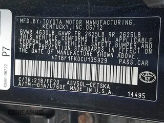 2012 Toyota Camry L with VIN 4T1BF1FK0CU135929, listed as a IAAI auction lot 42059366 with 172,236 mi miles. Bid and sale history available at carsss.com. Image 9.