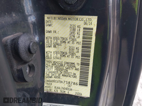 2014 Nissan Frontier SV with VIN 1N6AD0CU7EN758786, listed as a IAAI auction lot 42681649 with Not provided miles and . Bid and sale history available at DreamBid. Image 9.
