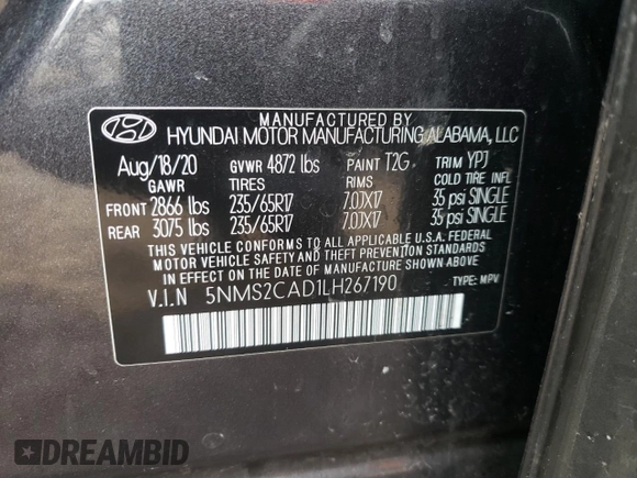 2020 Hyundai Santa Fe SE with VIN 5NMS2CAD1LH267190, listed as a Copart auction lot 31867502 with 18,255 mi miles. Bid and sale history available at carsss.com. Image 10.