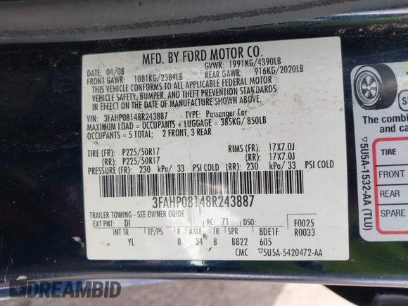 2008 Ford Fusion SEL with VIN 3FAHP08148R243887, listed as a IAAI auction lot 41736840 with 1 mi miles. Bid and sale history available at carsss.com. Image 9.