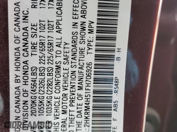 2015 Honda CR-V EX with VIN 2HKRM4H51FH706926, listed as a Copart auction lot 50530095 with 88,023 mi miles and Salvage Title. Bid and sale history available at DreamBid. Image 14.