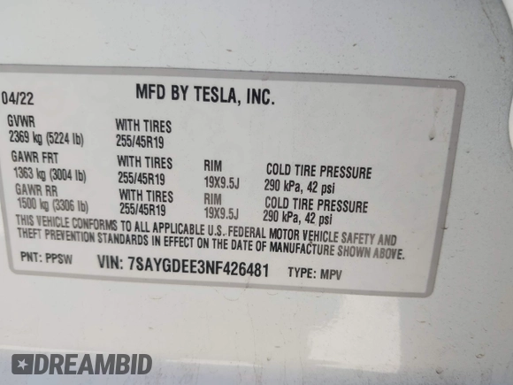 2022 Tesla Model Y Long Range z VIN 7SAYGDEE3NF426481, wystawiony jako IAAI lot #42076729 z przebiegiem 21 648 mil mil oraz . Historia ofert i sprzedaży dostępna na DreamBid. Obrazek 9.