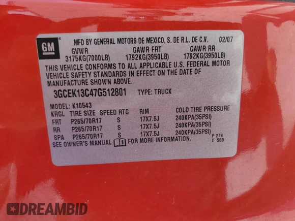 2007 Chevrolet Silverado 1500 LT w/1LT with VIN 3GCEK13C47G512801, listed as a Copart auction lot 69797214 with 179,981 mi miles and Non Repairable. Bid and sale history available at carsss.com. Image 12.