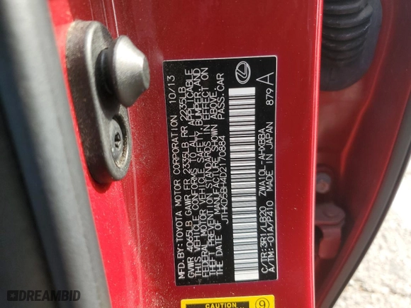 2013 Lexus CT 200h Hybrid with VIN JTHKD5BH4D2170884, listed as a Copart auction lot 86590214 with 84717 miles and Salvage Title. Bid and sale history available at carsss.com. Image 12.