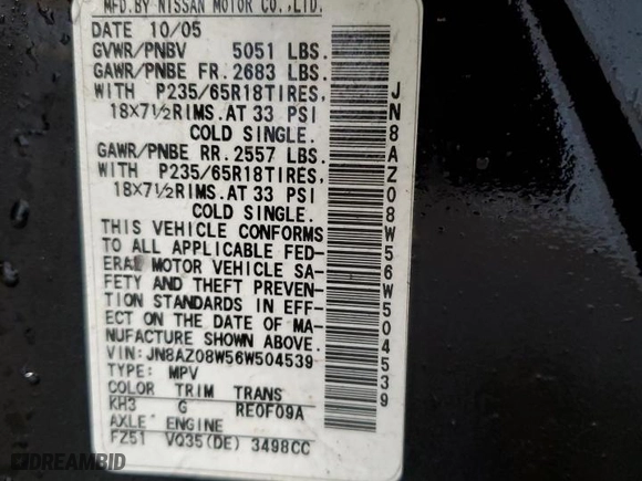 2006 Nissan Murano SL with VIN JN8AZ08W56W504539, listed as a Copart auction lot 52198445 with 183,628 mi miles and Non Repairable. Bid and sale history available at carsss.com. Image 13.
