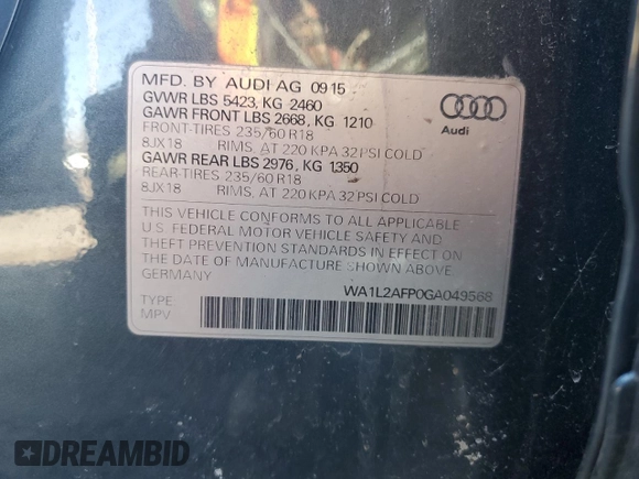 2016 Audi Q5 Premium Plus with VIN WA1L2AFP0GA049568, listed as a Copart auction lot 52591955 with 141,736 mi miles and Clean Title. Bid and sale history available at carsss.com. Image 13.