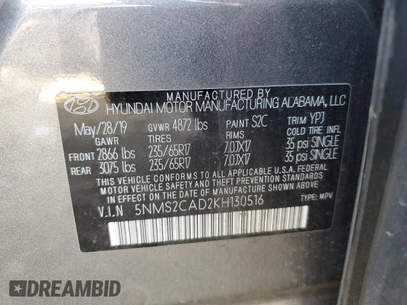 2019 Hyundai Santa Fe SE z VIN 5NMS2CAD2KH130516, wystawiony jako Copart lot #55349435 z przebiegiem 63 760 mil mil oraz Szkoda całkowita • Salvage title. Historia ofert i sprzedaży dostępna na DreamBid. Obrazek 13.