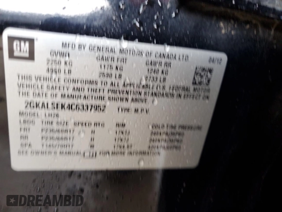 2012 GMC Terrain SLE-2 with VIN 2GKALSEK4C6337952, listed as a Copart auction lot 49646795 with 84,025 mi miles and Non Repairable. Bid and sale history available at DreamBid. Image 13.