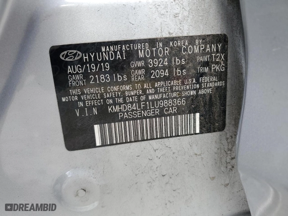 2020 Hyundai Elantra Value Edition with VIN KMHD84LF1LU988366, listed as a Copart auction lot 86868924 with 80,380 mi miles and Salvage Title. Bid and sale history available at carsss.com. Image 12.