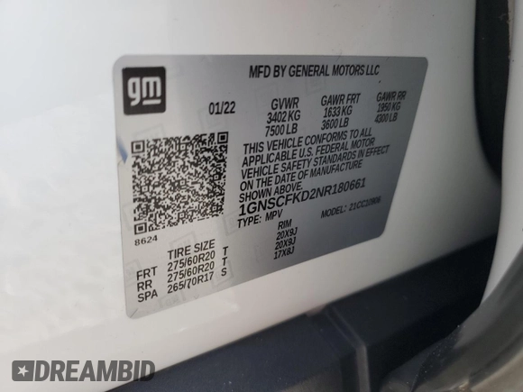 2022 Chevrolet Suburban Premier with VIN 1GNSCFKD2NR180661, listed as a Copart auction lot 74840484 with 55,972 mi miles and Salvage title. Bid and sale history available at DreamBid. Image 14.