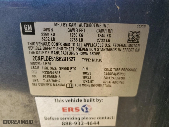 2011 Chevrolet Equinox LT w/1LT with VIN 2CNFLDE51B6291627, listed as a Copart auction lot 43268005 with 134,318 mi miles and Salvage Title. Bid and sale history available at carsss.com. Image 13.