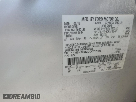 2013 Ford Explorer XLT with VIN 1FM5K7D82DGC82398, listed as a Copart auction lot 62590905 with 188,792 mi miles and Salvage title. Bid and sale history available at DreamBid. Image 13.