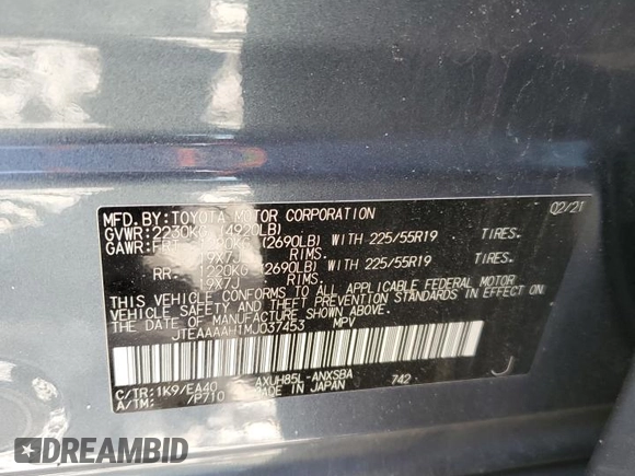 2021 Toyota Venza LE with VIN JTEAAAAH1MJ037453, listed as a Copart auction lot 54309185 with 111,134 mi miles and Salvage Title. Bid and sale history available at carsss.com. Image 13.