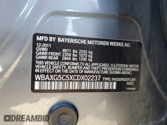 2012 BMW 5 Series 528i z VIN WBAXG5C5XCDX02237, wystawiony jako Copart lot #47799275 z przebiegiem 116 257 mil mil oraz Szkoda całkowita • Salvage title. Historia ofert i sprzedaży dostępna na DreamBid. Obrazek 15.