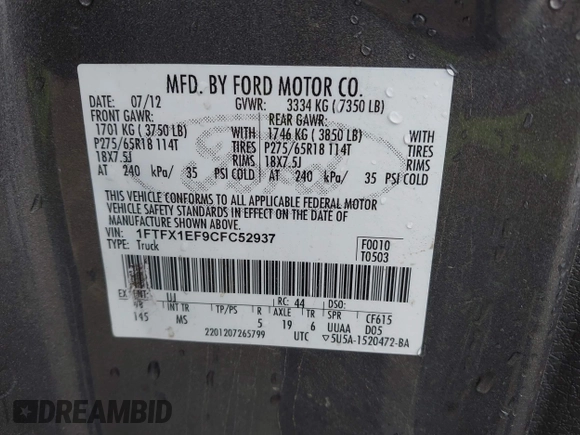 2012 Ford F-150 XL with VIN 1FTFX1EF9CFC52937, listed as a IAAI auction lot 41798536 with 108,093 mi miles. Bid and sale history available at carsss.com. Image 9.