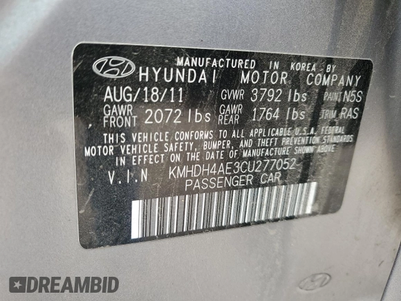 2012 Hyundai Elantra Limited with VIN KMHDH4AE3CU277052, listed as a Copart auction lot 65641075 with 286,209 mi miles and Clean title. Bid and sale history available at DreamBid. Image 12.