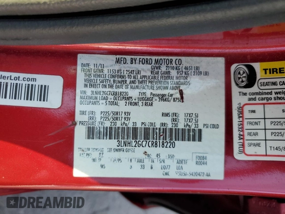 2012 Lincoln MKZ z VIN 3LNHL2GC7CR818220, wystawiony jako Copart lot #63058095 z przebiegiem 192 896 mil mil oraz Szkoda całkowita • Salvage title. Historia ofert i sprzedaży dostępna na DreamBid. Obrazek 12.