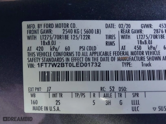 2020 Ford Super Duty F-250 SRW XL with VIN 1FT7W2BT0LED01732, listed as a IAAI auction lot 41277763 with 130,734 mi miles. Bid and sale history available at carsss.com. Image 9.