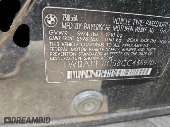 2012 BMW 7 Series 750Li xDrive с VIN WBAKC8C58CC435970, выставлен на аукционе Copart как лот 60091585 с пробегом 129 273 миль миль и Чистый • Clean title. История ставок и продаж доступна на DreamBid. Изображение 10.