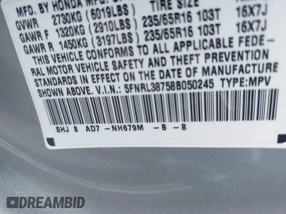 2008 Honda Odyssey EX-L with VIN 5FNRL38758B050245, listed as a IAAI auction lot 41358323 with 145,010 mi miles and . Bid and sale history available at DreamBid. Image 9.