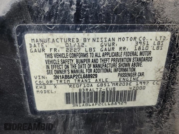 2012 Nissan Sentra SR with VIN 3N1AB6AP2CL688929, listed as a Copart auction lot 54874915 with Not provided miles and Non repairable. Bid and sale history available at DreamBid. Image 12.
