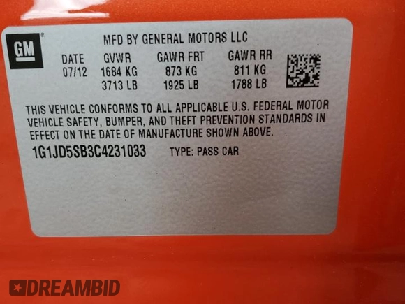 2012 Chevrolet Sonic LT z VIN 1G1JD5SB3C4231033, wystawiony jako Copart lot #56145205 z przebiegiem 43 015 mil mil oraz Szkoda całkowita • Salvage title. Historia ofert i sprzedaży dostępna na DreamBid. Obrazek 12.