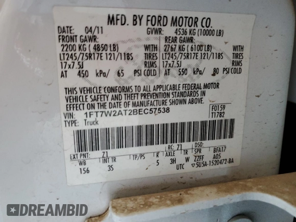 2011 Ford F-250 XL with VIN 1FT7W2AT2BEC57538, listed as a Copart auction lot 64505735 with 153,584 mi miles and Salvage title. Bid and sale history available at DreamBid. Image 12.