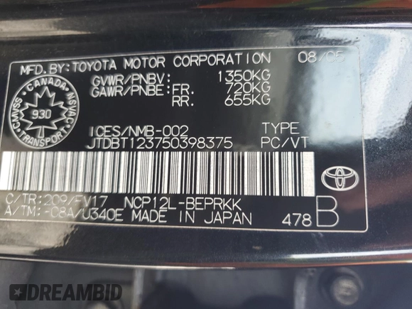 2005 Toyota ECHO with VIN JTDBT123750398375, listed as a Copart auction lot 51810415 with 200,902 mi miles and Clean Title. Bid and sale history available at carsss.com. Image 12.