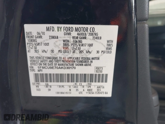 2010 Ford Escape Limited with VIN 1FMCU9E70AKD30170, listed as a IAAI auction lot 42564107 with 141,959 mi miles and . Bid and sale history available at DreamBid. Image 9.