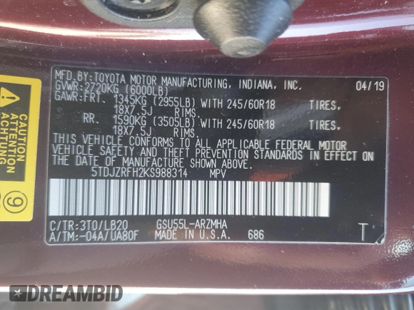 2019 Toyota Highlander SE z VIN 5TDJZRFH2KS988314, wystawiony jako Copart lot #54784145 z przebiegiem 57 851 mil mil oraz Szkoda całkowita • Salvage title. Historia ofert i sprzedaży dostępna na DreamBid. Obrazek 13.