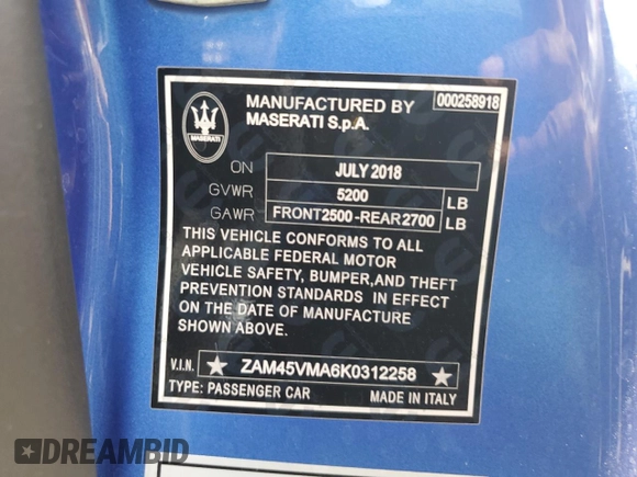 2019 Maserati GranTurismo Sport с VIN ZAM45VMA6K0312258, выставлен на аукционе Copart как лот 74933654 с пробегом Не указан миль и На запчасти • Non repairable. История ставок и продаж доступна на DreamBid. Изображение 13.