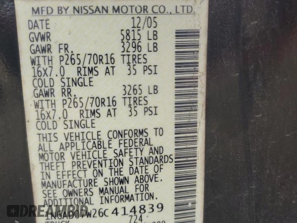 2006 Nissan Frontier LE z VIN 1N6AD07W26C414839, wystawiony jako Copart lot #89300935 z przebiegiem 275 255 mil mil oraz Szkoda całkowita • Salvage title. Historia ofert i sprzedaży dostępna na DreamBid. Obrazek 13.
