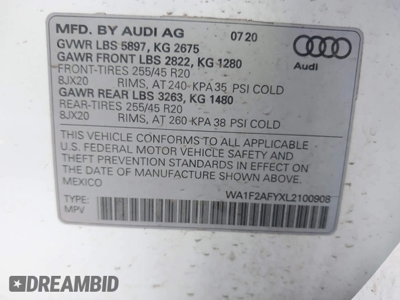 2020 Audi Q5 S line Prestige with VIN WA1F2AFYXL2100908, listed as a IAAI auction lot 41538936 with 80,238 mi miles. Bid and sale history available at carsss.com. Image 9.