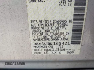 2017 Nissan Altima S with VIN 1N4AL3AP1HC165421, listed as a IAAI auction lot 42560929 with 168,736 mi miles and . Bid and sale history available at DreamBid. Image 9.