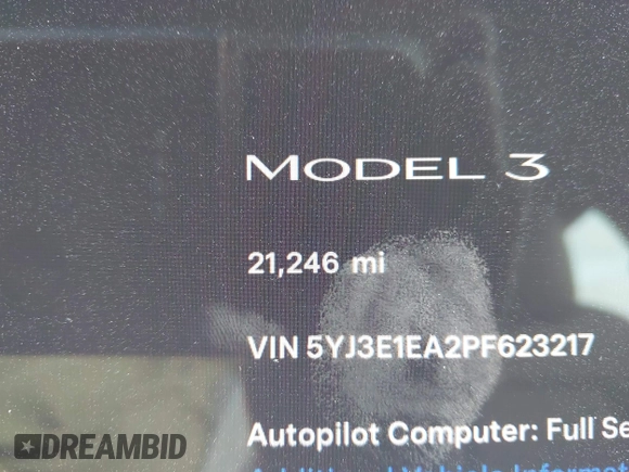 2023 Tesla Model 3 with VIN 5YJ3E1EA2PF623217, listed as a IAAI auction lot 41701413 with 21,246 mi miles and . Bid and sale history available at DreamBid. Image 16.