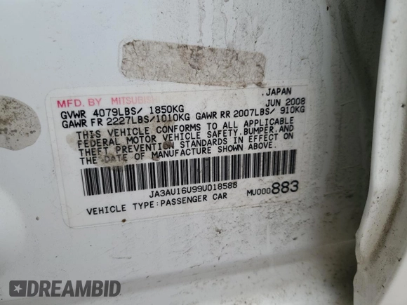 2009 Mitsubishi Lancer DE with VIN JA3AU16U99U018588, listed as a Copart auction lot 44513065 with 68,485 mi miles and Clean Title. Bid and sale history available at carsss.com. Image 14.