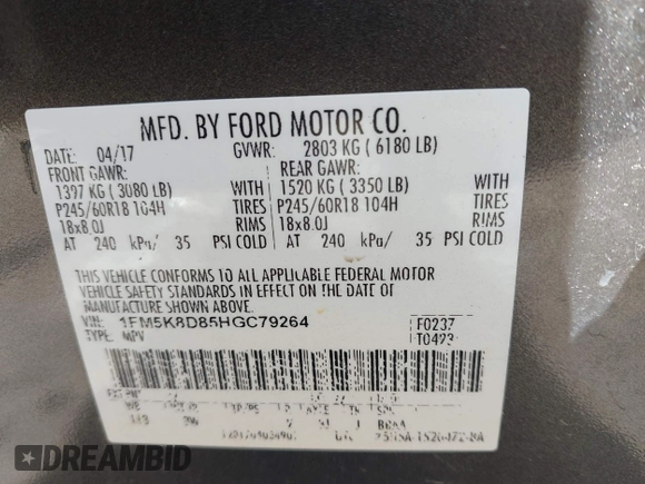 2017 Ford Explorer XLT z VIN 1FM5K8D85HGC79264, wystawiony jako IAAI lot #42007539 z przebiegiem 221 897 mil mil oraz . Historia ofert i sprzedaży dostępna na DreamBid. Obrazek 9.