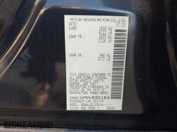 2015 Nissan Altima S with VIN 1N4AL3AP9FN890184, listed as a IAAI auction lot 42130699 with 149,679 mi miles and . Bid and sale history available at carsss.com. Image 9.