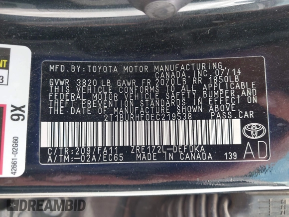 2014 Toyota Corolla L z VIN 2T1BURHE0EC219538, wystawiony jako IAAI lot #42383371 z przebiegiem 222 202 mil mil oraz . Historia ofert i sprzedaży dostępna na DreamBid. Obrazek 9.