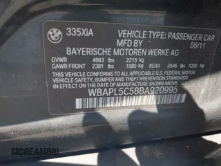 2011 BMW 3 Series 335i xDrive with VIN WBAPL5C58BA920995, listed as a IAAI auction lot 42522660 with Not provided miles and . Bid and sale history available at DreamBid. Image 9.