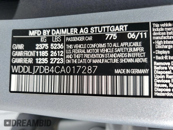 2012 Mercedes-Benz CLS-Class CLS 550 with VIN WDDLJ7DB4CA017287, listed as a Copart auction lot 60674624 with 94,203 mi miles and Salvage Title. Bid and sale history available at carsss.com. Image 12.
