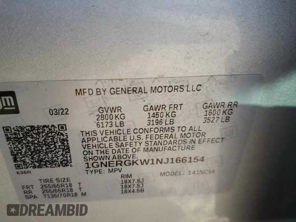 2022 Chevrolet Traverse LT Cloth with VIN 1GNERGKW1NJ166154, listed as a Copart auction lot 47476985 with 34,793 mi miles and Salvage Title. Bid and sale history available at carsss.com. Image 13.